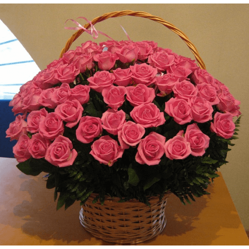 send 100 pink roses basket delivery